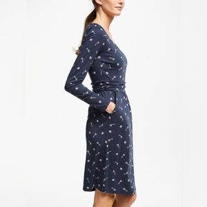 Boden Mabel Key & Lock Printed Ruched Waist Jersey Knee Length Navy Dress